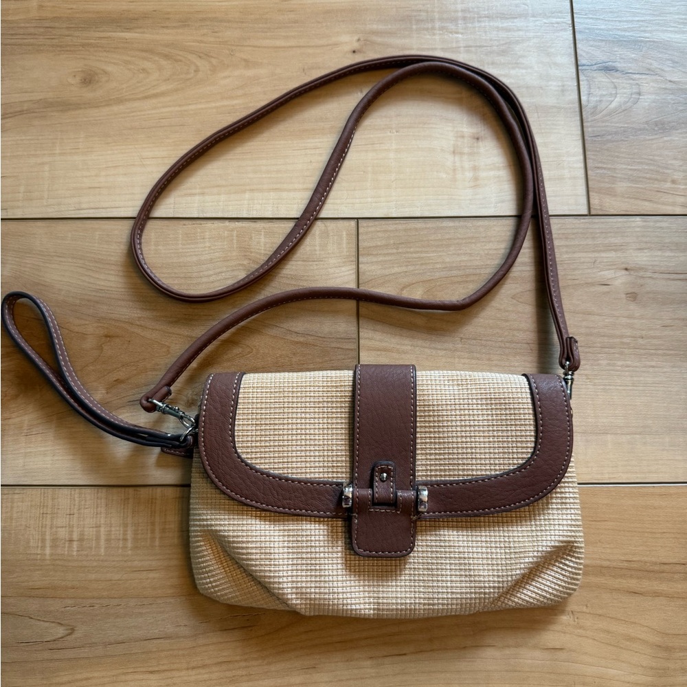 Chaps Brown and Tan Crossbody Bag with Adjustable Strap